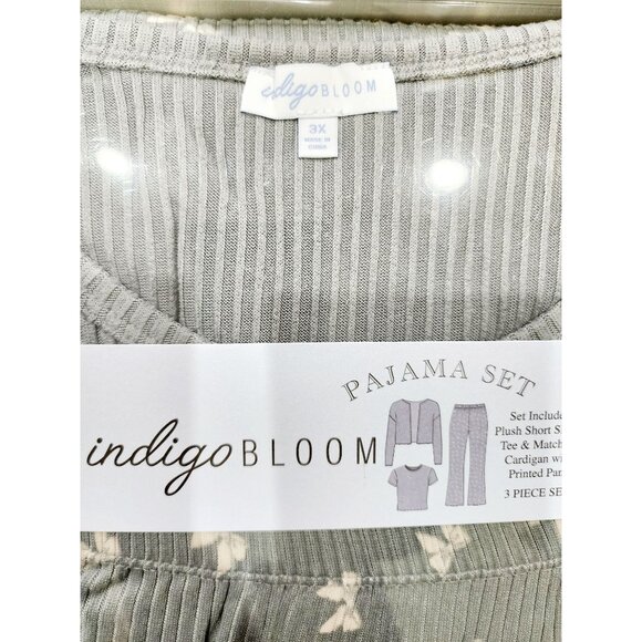Indigo Bloom Womens Short Sleeve Top Cardy And Printed Pant Bows 3 PC Gray Set 3 - Picture 2 of 4